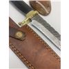 Image 3 : 11 1/2" Inlaid Wood & Brass Handle Damascus Hunting Knife With Stitched Leather Sheath