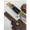 Image 3 : 13" Inlaid Wood & Brass Handle Damascus Hunting Knife With Stitched Leather Sheath