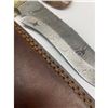 Image 4 : 13" Inlaid Wood & Brass Handle Damascus Hunting Knife With Stitched Leather Sheath