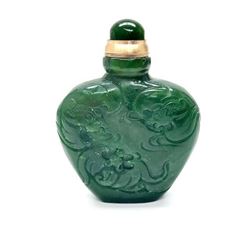 WufuÂ Five Bats Green Nephrite Hand Carved Snuff Bottle With Stopper And Spoon.