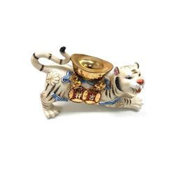 Porcelain Hand-Painted Chinese Tiger With Gold Painted Ingot On It's Back