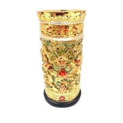 Gold Tone Dragon Vase Decorated With Semi-Precious Red, Blue & Pink Stones