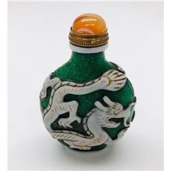 Chinese Carved Dragon Over Green Speckled Glass Snuff Bottle