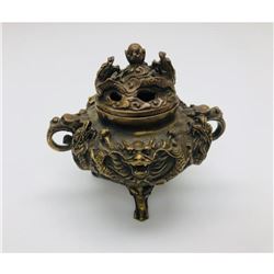 Asian 3 Footed Marked Dragon Incense Burner with Dual Dragon Lid