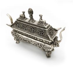 Tibetan Silver Dragon & Foo Dog Lidded Incense Burner