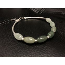 925 Sterling Silver Natural Oval Green Jade Bangle.Â