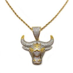 18kt Gold Plated Bulls Head Pendant Set With Diamonds On a 18Kt Gold Necklace