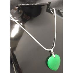 Chinese Green Jade Heart Pendant On 925 Necklace