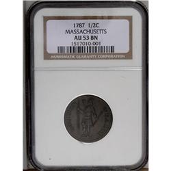 1787 1/2 C Massachusetts Half Cent AU53 NGC. Ryder 2-A 