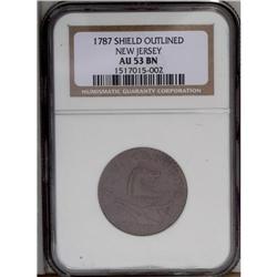 1787 COPPER New Jersey Copper, Outlined Shield AU53 NG 