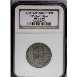 1794 TOKEN Franklin Press Token MS62 Brown NGC. Plain 