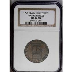 1794 TOKEN Franklin Press Token MS64 Brown NGC. Breen- 
