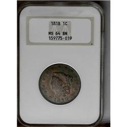 1818 1C MS64 Brown NGC. N-10, R.1. Glimpses of gold hu 