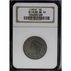 1818 1C MS64 Brown NGC. N-10, R.1. Faded mint red outl 