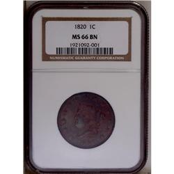 1820 1C Large Date MS66 Brown NGC. N-13, R.1. Copper-r 