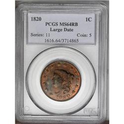 1820 1C Large Date MS64 Red and Brown PCGS. N-13, R.1. 