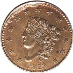 1823 1C Restrike MS65 Brown PCGS. The diagnostic break 