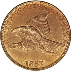 1857 1C MS65 PCGS. Light golden-tan in color, this mag 