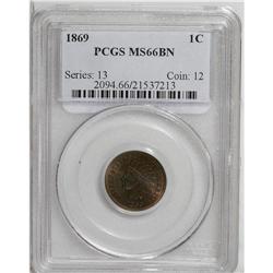 1869 1C MS66 Brown PCGS. Violet and orange-brown field 