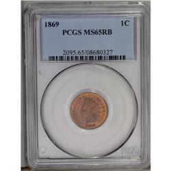 1869 1C MS65 Red and Brown PCGS. A magenta and orange 