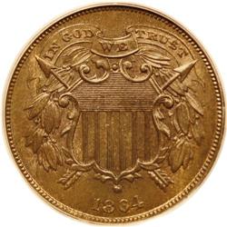 1864 2C Small Motto MS65 Brown PCGS. The first T in TR 