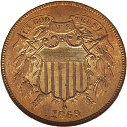 1869 2C MS65 Red NGC. Sharply defined with smooth, eve 