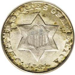 1851-O 3CS MS65 PCGS. The 1851-O three cent silver has 