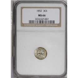 1852 3CS MS66 NGC. This satiny trime is boldly impress 