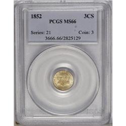 1852 3CS MS66 PCGS. Satiny and well struck, this trime 