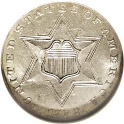 1858 3CS MS65 NGC. A lightly toned and lustrous golden 