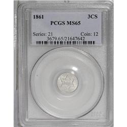 1861 3CS MS65 PCGS. A highly lustrous Gem trime with s 