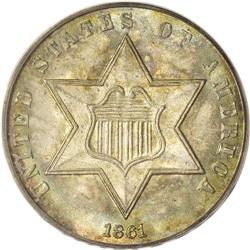 1861 3CS MS66 PCGS. Golden-brown and blue-green splash 