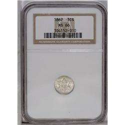 1862 3CS MS66 NGC. A boldly struck and essentially unt 