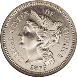 1865 3CN PR65 NGC. First year of issue, being most com 