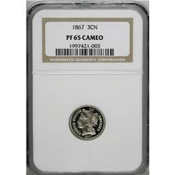 1867 3CN PR65 Cameo NGC. A deeply mirrored and flashy 