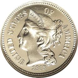 1868 3CN PR66 Deep Cameo NGC. Superb contrast between 