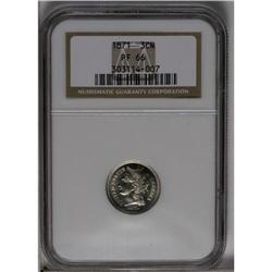 1871 3CN PR66 NGC. Glassy proof fields and mildly fros 