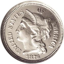 1876 3CN PR67 Cameo NGC. Deep black-on-silver contrast 