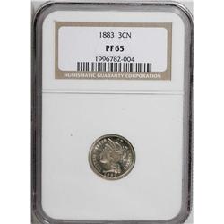 1883 3CN PR65 NGC. The gold-gray fields have moderate 