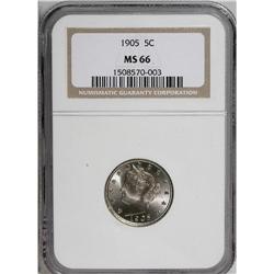 1905 5C MS66 NGC. An exceptionally lustrous and boldly 
