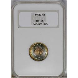1908 5C MS66 NGC. This Premium Gem nickel has outstand 