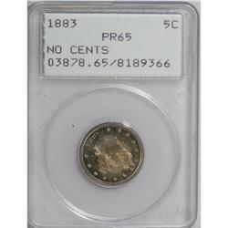 1883 5C No Cents PR65 PCGS. Each side is dove-gray wit 
