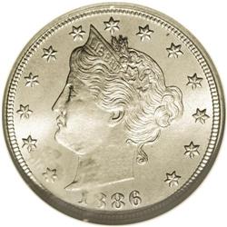 1886 5C PR67 NGC. Iridescent rose-red and gold endows 