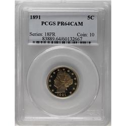 1891 5C PR64 Cameo PCGS. Choice with gold patina infus 