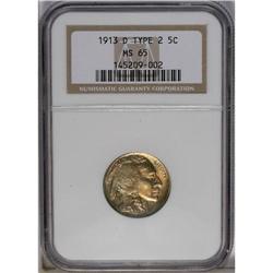 1913-D 5C Type Two MS65 NGC. Satiny and boldly struck 