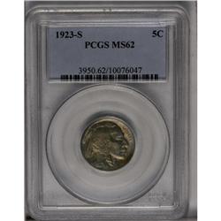1923-S 5C MS62 PCGS. Typically struck with olive color 