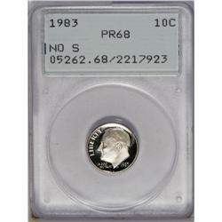 1983 10C No S PR68 PCGS. This rare No S proof dime obv 