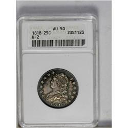 1818 25C AU50 ANACS. B-2, R.1. Dark blue-violet toning 