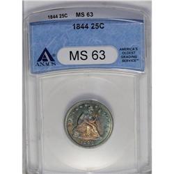 1844 25C MS63 ANACS. Stunningly toned, with orange-yel 