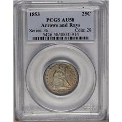 1853 25C Arrows and Rays AU58 PCGS. A coin with mellow 